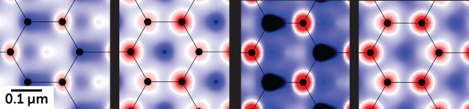 This illustration of a sheet of graphene shows a grid of connected atoms with a red streak going diagonally across it.